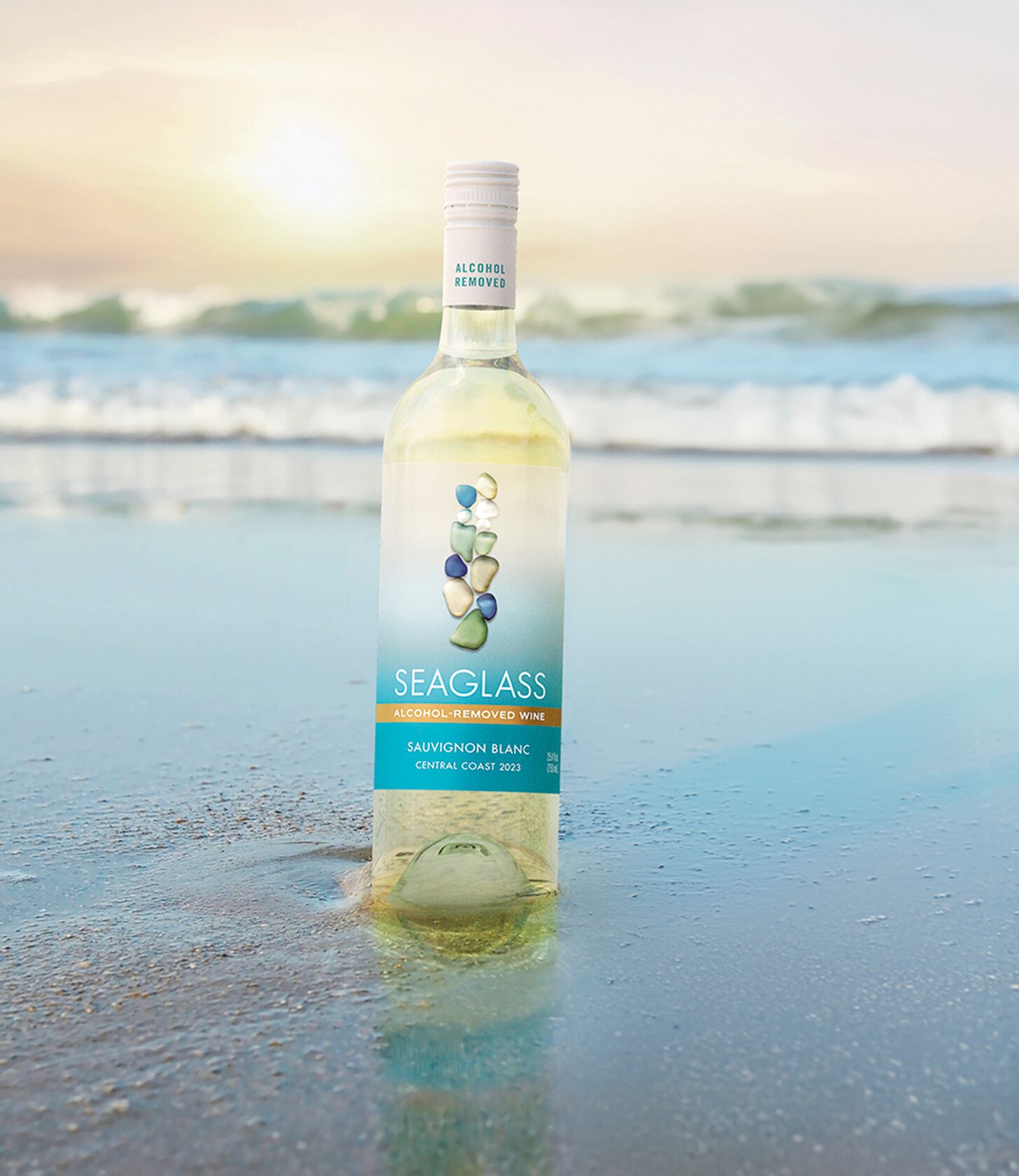 SEAGLASS Alcohol-Removed Sauvignon Blanc bottle in sand