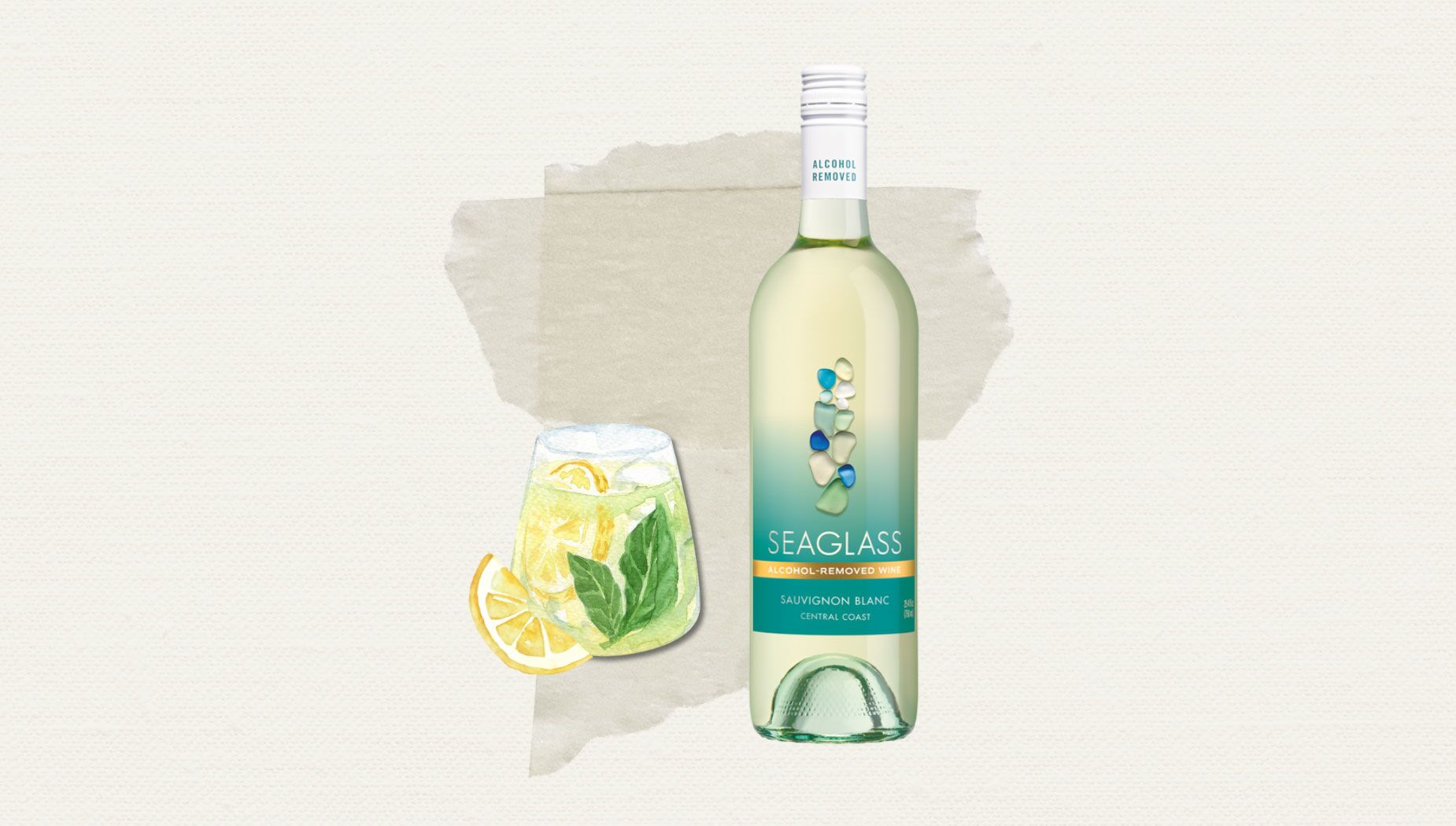 Illustration of a summer slushie mocktail next to a bottle of Seaglass alcohol-removed Sauvignon Blanc