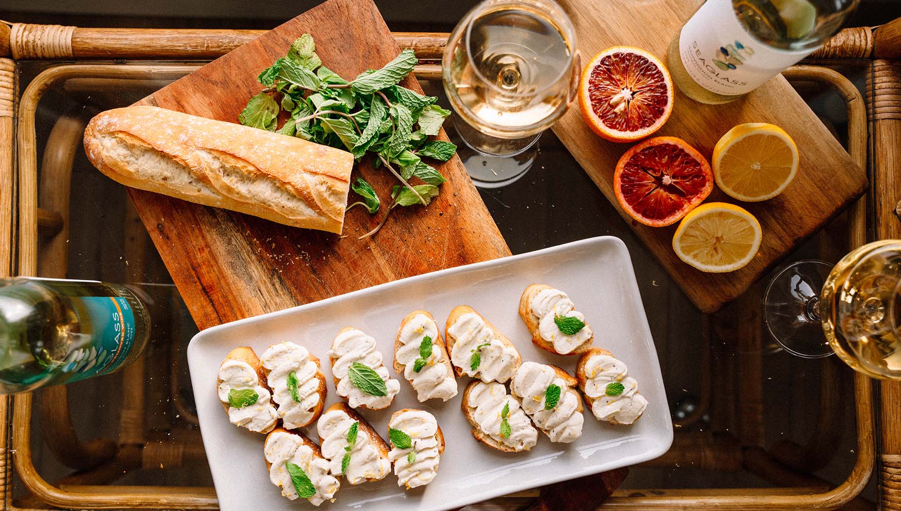 A tray of Citrus Whipped Goat Cheese Crostini's